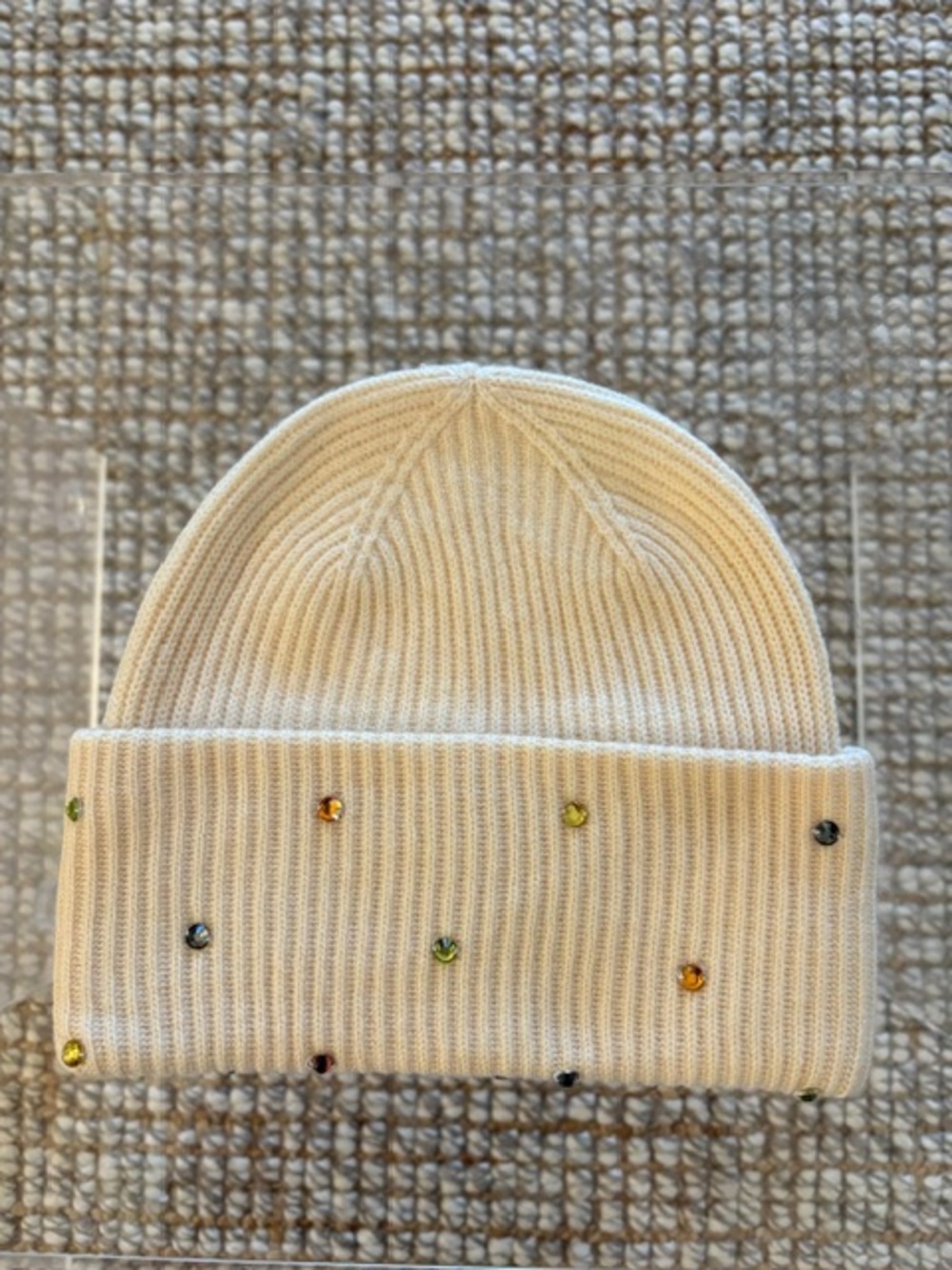 Cream Ribbed Beanie with Multicolor Gem Accents